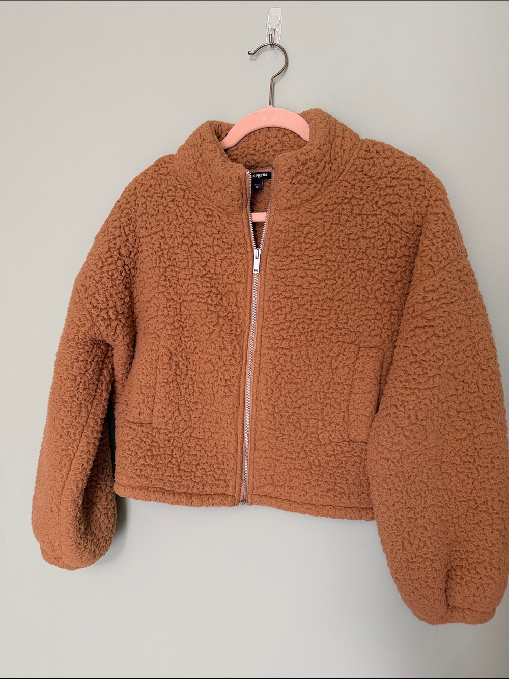 Express Teddy Fleece Zip-Up Jacket XS Camel Sherpa Cropped Cozy